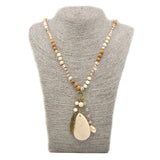 Halskette Boho beige Feder Bronze weiss braun Glassteinen 1