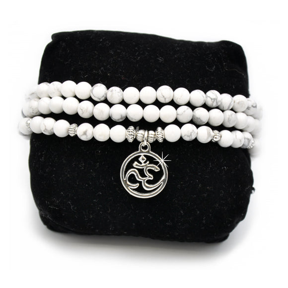 Wickelarmband Armband Mala 108 Howlith OM Silber Weiss