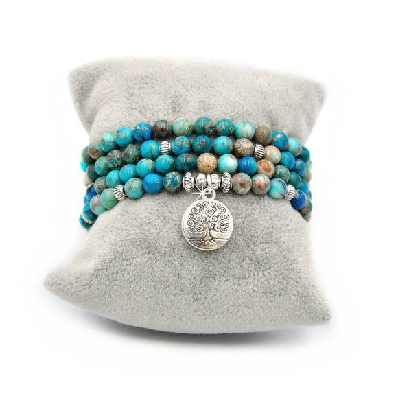 Wickelarmband Mala 108 Perlen blau Lebensbaum