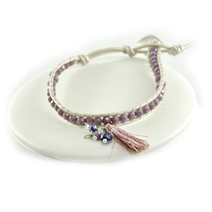 Armband beige Leder lila Kristallglas