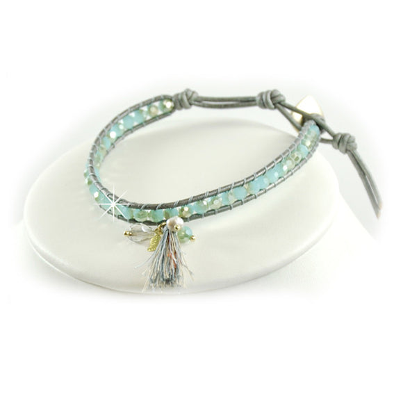 Armband Grau Leder Halbedelsteine Hellblau