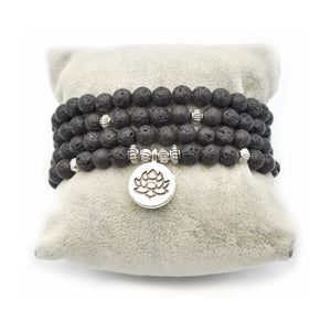Wickelarmband Lavastein schwarz Lotus Blume silber A