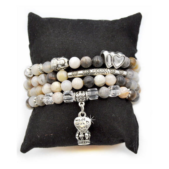 Wickelarmband Buddha weiss grau silber Herz Krone A