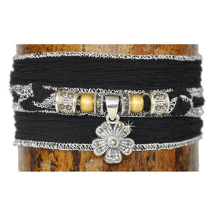 Wickelarmband Armband Blume schwarz Seide Silber Markasit