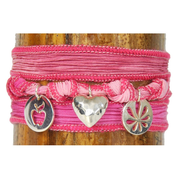 Wickelarmband rosa Seide 925 Sterling silber Herz Blume Apfel