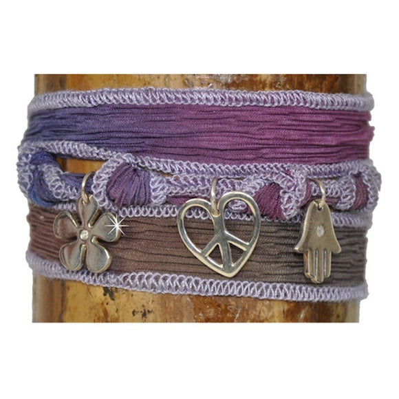 Wickelarmband Armband violett Seide 925 Silber Herz Hand Blume