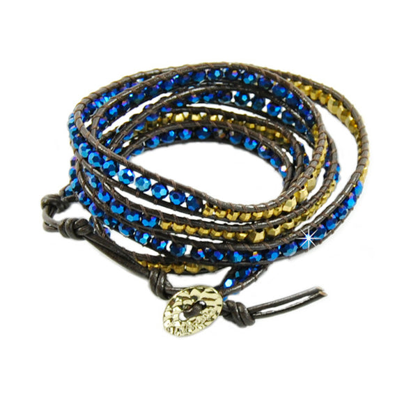 Wickelarmband Leder Halbedelsteine blau gold