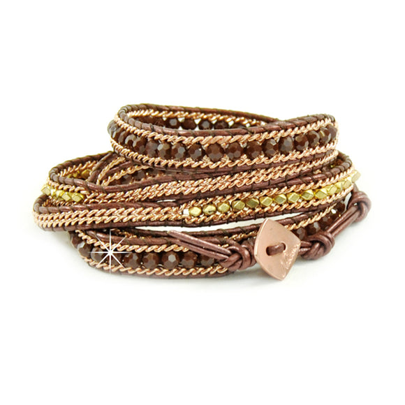 Wickelarmband Leder Halbedelsteine braun roségold gold