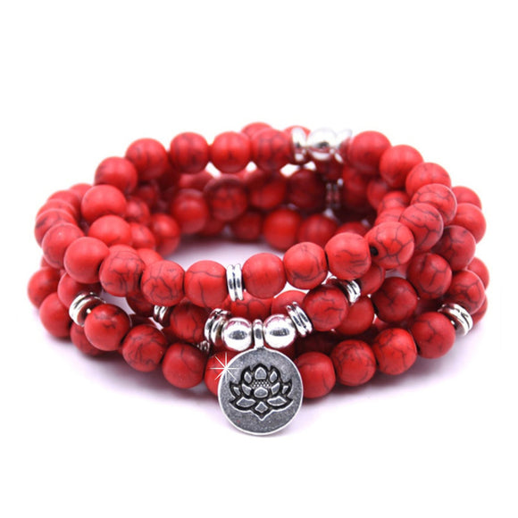 Wickelarmband Halskette Mala rot turquoise Lotus Blume silber
